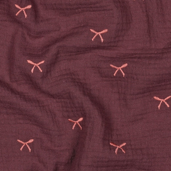 Double Gauze geborduurde strikjes - Burgundy